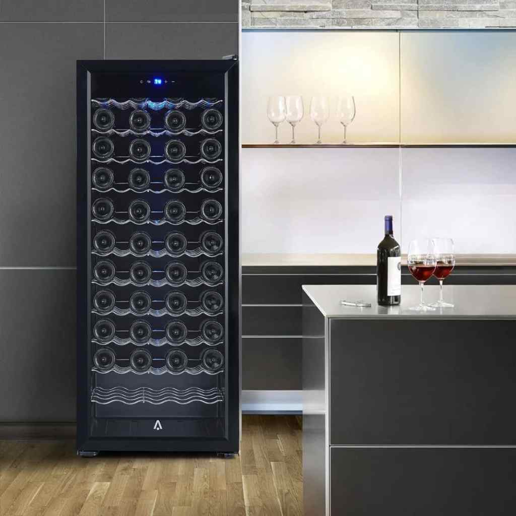 a wine refrigerator in a modern kitchen