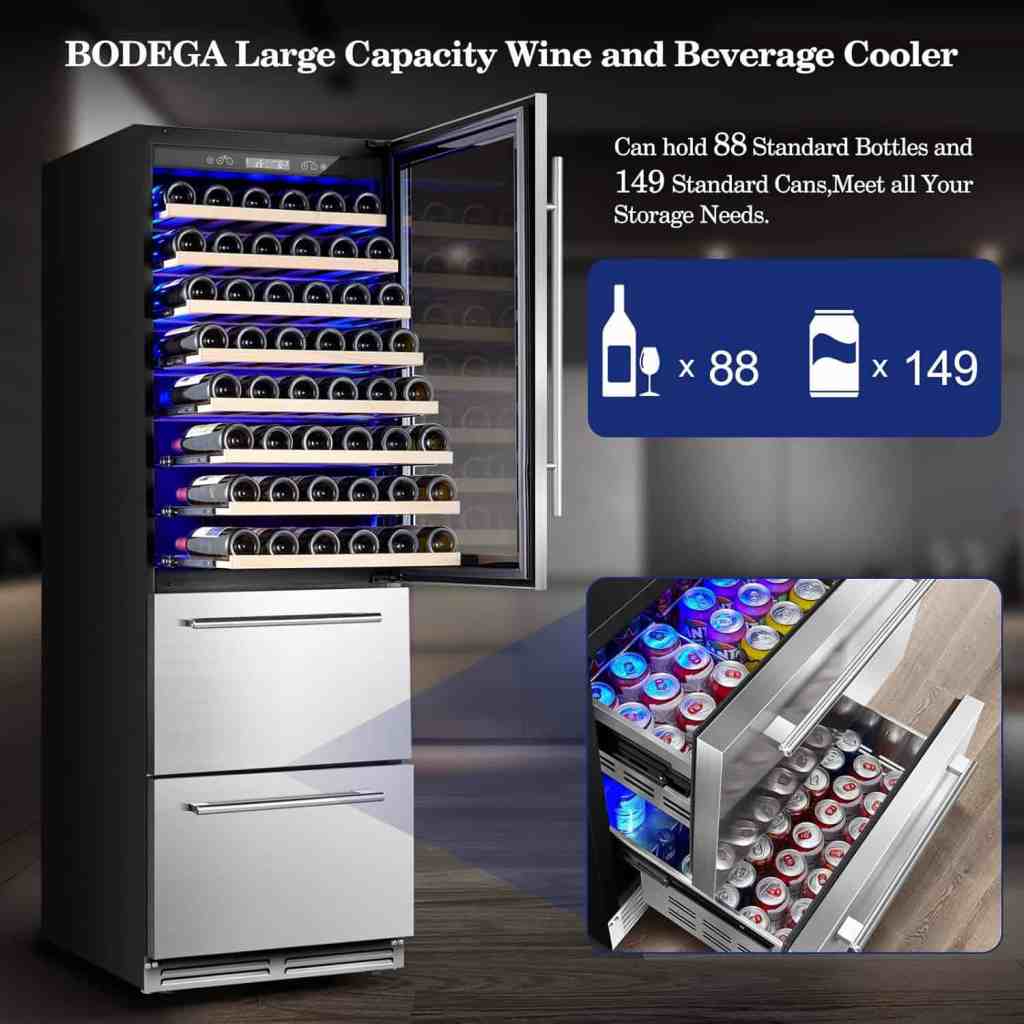 Large capacity wine and beverage cooler with drawers