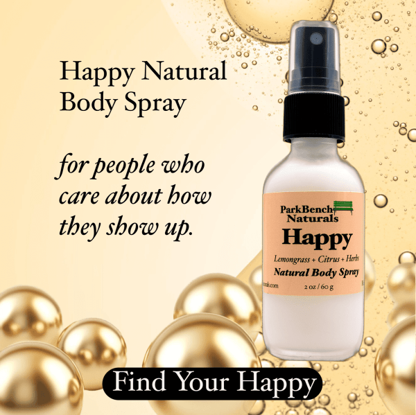 Happy Body Spray with lemongrass citrus and herbs in a 2 oz frosted glass bottle for people who care about how they show up