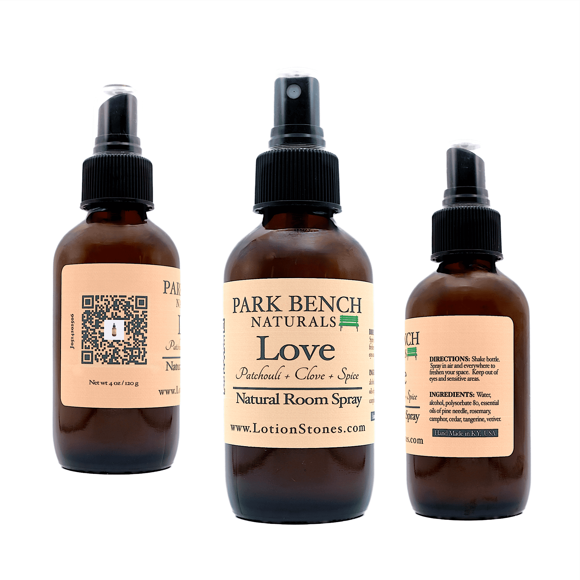 Love Trio on White Lotion Stones Love Room Spray in a 4 oz amber glass bottle view of all sides of the label