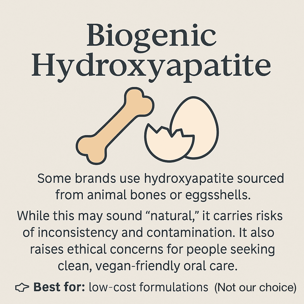 Some brands use hydroxyapatite sourced from animal bones or eggshells Not our choice